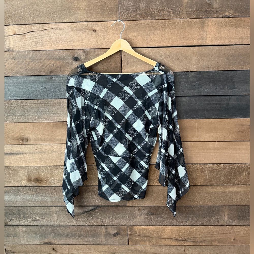 Y2K Sheer Plaid Wrap Top Bell Sleeve Tie Front 2000s - Picture 15 of 16